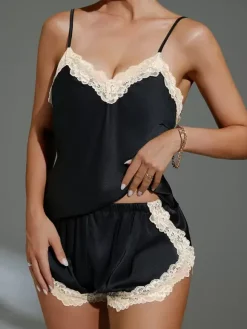 Pajama Sets Black Silk-like Two-Tone Indoor Lingerie