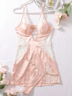 Pajama Sets Champagne Lace Indoor Polyester Lingerie