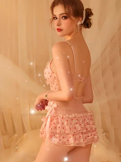 Pajama Sets Pink Cut Out Valentines' Floral Print Sheer Polyester Lingerie