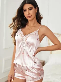 Pajama Sets Pink Silk-like Floral Print Sheer Lace Daily Casual Lingerie