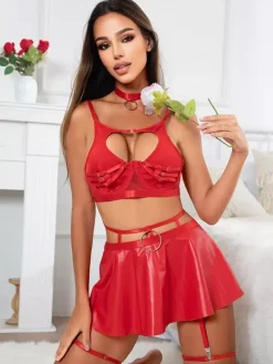 Pajama Sets Red Metal Details Indoor Lingerie Bra Skirt Sets