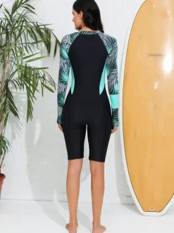 Palm Print Raglan Long Sleeve Zip Front Boyleg Rash Guard