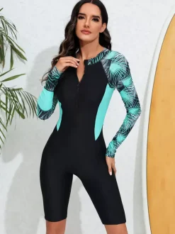 Palm Print Raglan Long Sleeve Zip Front Boyleg Rash Guard