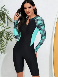 Palm Print Raglan Long Sleeve Zip Front Boyleg Rash Guard