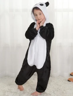 Panda Onesie Kigurumi Pajamas Kids Unisex Black Flannel Winter Sleepwear Mascot Animal Halloween Costume onesie pajamas