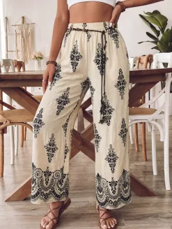 Pants Apricot Lace Up Raised Waist Printed Trousers