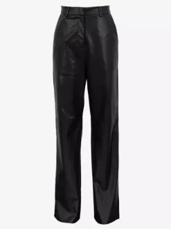 Pants Blue Buttons PU Leather Natural Waist Straight Trousers