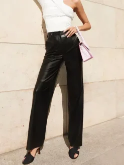 Pants Blue Buttons PU Leather Natural Waist Straight Trousers
