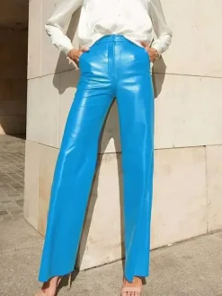 Pants Blue Buttons PU Leather Natural Waist Straight Trousers