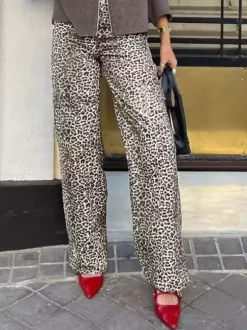 Pants Brown Raised Waist Leopard Print Trousers