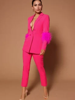 Pant Set Lapel Deep V-Neck Feathers Sexy Women Suits