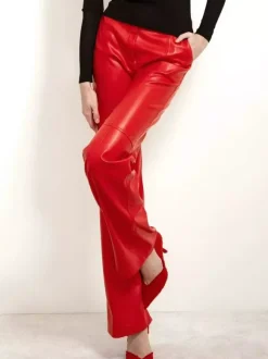 Pants Red PU Leather Natural Waist Chic Straight Trousers