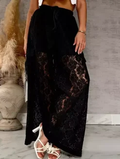 Pants White High Waist Floral Lace Wide Leg Pants Trousers