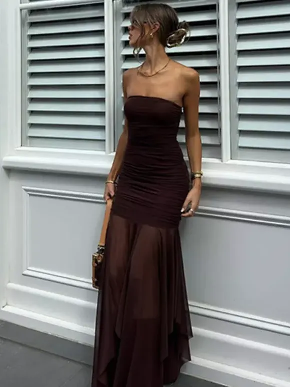 Party Dress Dresses Maxi Coffee Brown Strapless Pleated Sexy Semi Formal Summer Dress