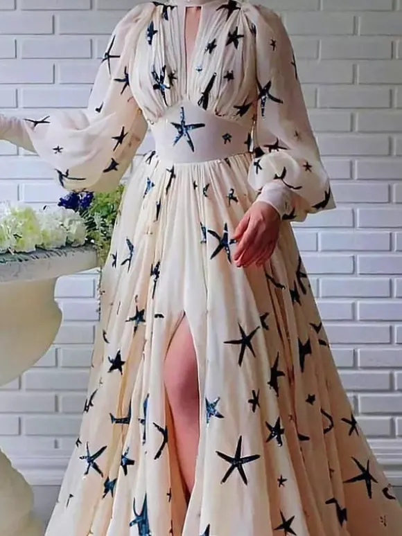 Party Dress Dresses Party Dresses Ocean Blue High Collar Sequins Long Sleeves Shaping Puff Sleeves Elegant Semi Formal Dress