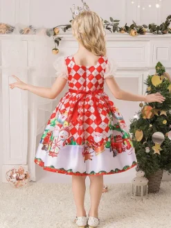 Party Dress For Christmas Red Polyester Fiber Plaid Pattern Floral Print Christmas Holidays Costumes Dress