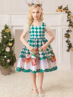 Party Dress For Christmas Red Polyester Fiber Plaid Pattern Floral Print Christmas Holidays Costumes Dress