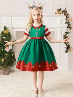 Party Dress For Christmas Green Polyester Fiber Floral Print Christmas Holidays Costumes Dress