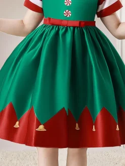 Party Dress For Christmas Green Polyester Fiber Floral Print Christmas Holidays Costumes Dress