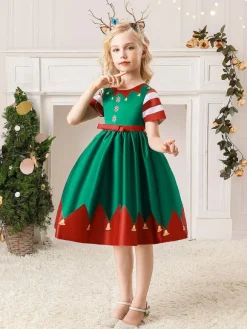 Party Dress For Christmas Green Polyester Fiber Floral Print Christmas Holidays Costumes Dress