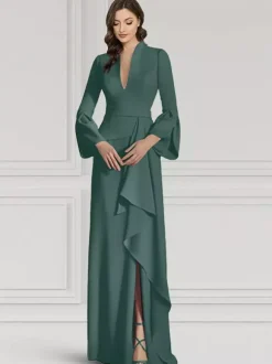 Party Dress For Mother Of The Bride V-Neck Long Sleeves Mermaid Ruffles Floor-Length Guest Dresses For Wedding