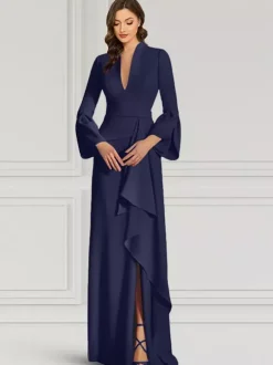Party Dress For Mother Of The Bride V-Neck Long Sleeves Mermaid Ruffles Floor-Length Guest Dresses For Wedding