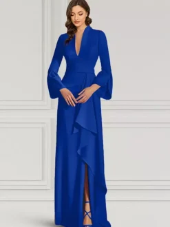 Party Dress For Mother Of The Bride V-Neck Long Sleeves Mermaid Ruffles Floor-Length Guest Dresses For Wedding