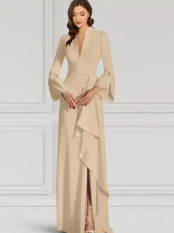 Party Dress For Mother Of The Bride V-Neck Long Sleeves Mermaid Ruffles Floor-Length Guest Dresses For Wedding