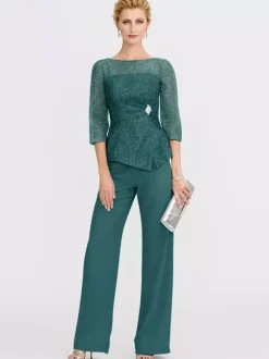 Party Dress For Mother Of The Bride Illusion Neckline 3/4 Length Sleeves Two-piece Lace Floor-Length Guest Dresses For Wedding