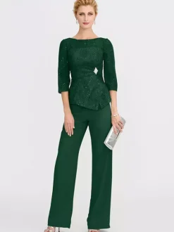 Party Dress For Mother Of The Bride Illusion Neckline 3/4 Length Sleeves Two-piece Lace Floor-Length Guest Dresses For Wedding