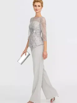 Party Dress For Mother Of The Bride Illusion Neckline 3/4 Length Sleeves Two-piece Lace Floor-Length Guest Dresses For Wedding