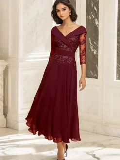 Party Dress For Mother Of The Bride V-Neck 3/4 Length Sleeves Ball Gown Lace Tea-Length Guest Dresses For Wedding