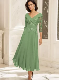 Party Dress For Mother Of The Bride V-Neck 3/4 Length Sleeves Ball Gown Lace Tea-Length Guest Dresses For Wedding