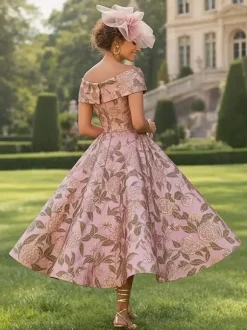 Party Dress For Mother Of The Bride Designed Neckline Short Sleeves A-Line Tea-Length Wedding Guest Dresses