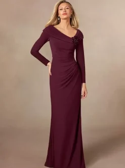 Party Dress For Mother Of The Bride V-Neck Long Sleeves Mermaid Pleated Floor-Length Wedding Guest Dresses