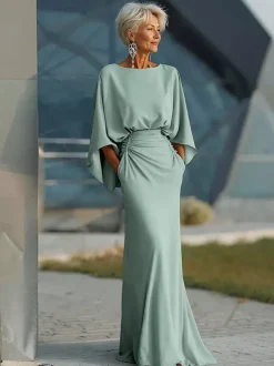 Party Dress For Mother Of The Bride Jewel Neck 3/4 Length Sleeves Ball Gown Pleated With Train Guest Dresses For Wedding