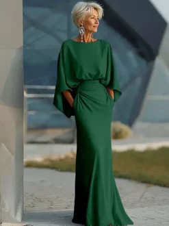 Party Dress For Mother Of The Bride Jewel Neck 3/4 Length Sleeves Ball Gown Pleated With Train Guest Dresses For Wedding