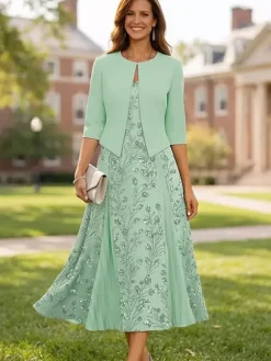 Party Dress For Mother Of The Bride V-Neck 3/4 Length Sleeves Short Lace Tea-Length Wedding Guest Dresses