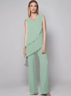 Party Dress For Mother Of The Bride V-Neck Sleeveless Jumpsuit Floor-Length Guest Dresses For Wedding