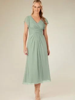 Party Dress For Mother Of The Bride V-Neck Short Sleeves A-Line Pleated Tea-Length Wedding Guest Dresses