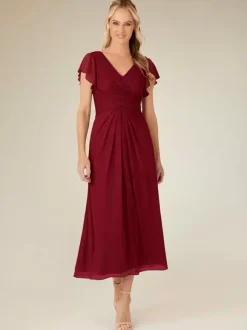 Party Dress For Mother Of The Bride V-Neck Short Sleeves A-Line Pleated Tea-Length Wedding Guest Dresses
