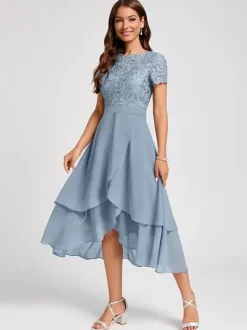 Party Dress For Mother Of The Bride Jewel Neck Short Sleeves A-Line Asymmetrical Guest Dresses For Wedding