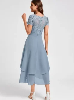 Party Dress For Mother Of The Bride Jewel Neck Short Sleeves A-Line Asymmetrical Guest Dresses For Wedding