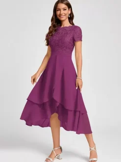 Party Dress For Mother Of The Bride Jewel Neck Short Sleeves A-Line Asymmetrical Guest Dresses For Wedding