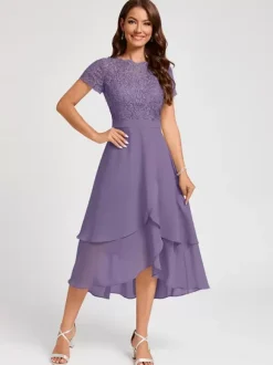 Party Dress For Mother Of The Bride Jewel Neck Short Sleeves A-Line Asymmetrical Guest Dresses For Wedding
