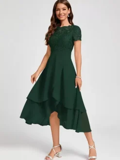 Party Dress For Mother Of The Bride Jewel Neck Short Sleeves A-Line Asymmetrical Guest Dresses For Wedding