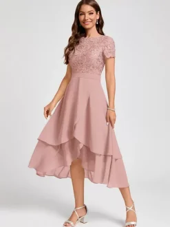 Party Dress For Mother Of The Bride Jewel Neck Short Sleeves A-Line Asymmetrical Guest Dresses For Wedding