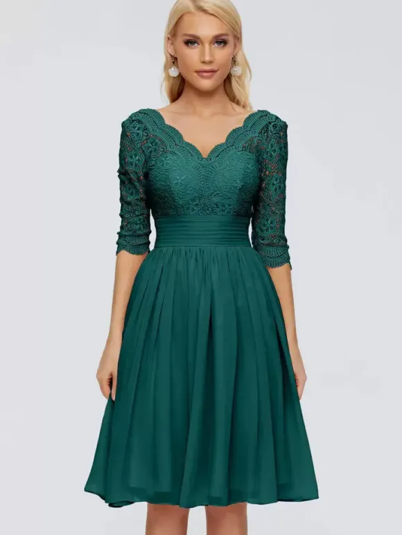 Party Dress For Mother Of The Bride V-Neck Half Sleeves Short Lace Knee-Length Wedding Guest Dresses