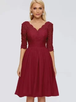 Party Dress For Mother Of The Bride V-Neck Half Sleeves Short Lace Knee-Length Wedding Guest Dresses