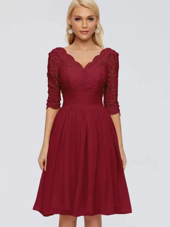 Party Dress For Mother Of The Bride V-Neck Half Sleeves Short Lace Knee-Length Wedding Guest Dresses